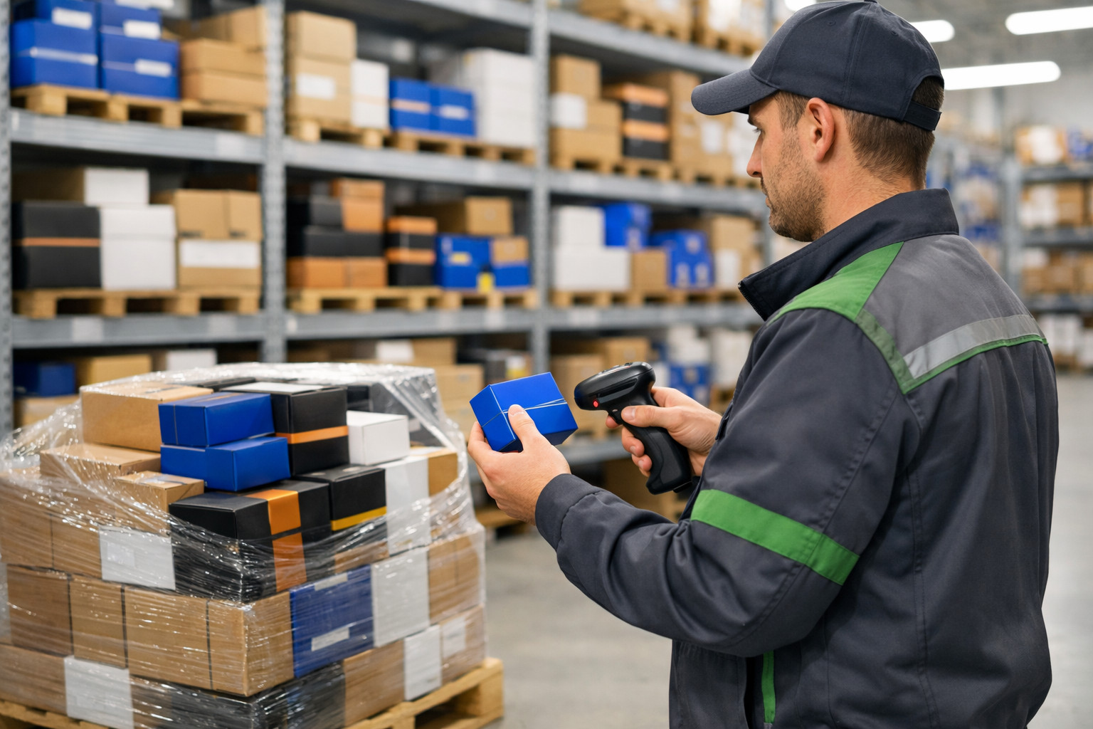 Batterie Grosshandel Lagerarbeiter Scannt Bulk Kartons